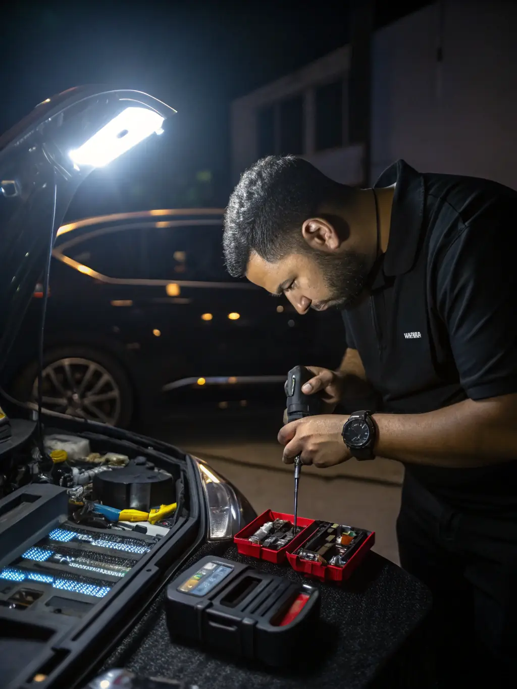 A locksmith using specialized tools to create a new car key from scratch, showcasing precision and expertise.